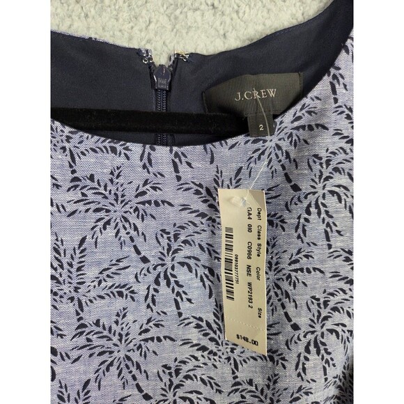 J Crew Drop Waist Dress Cotton Linen Blue Women 2 Ditsy Palm Tree Office Siren - Picture 8 of 10